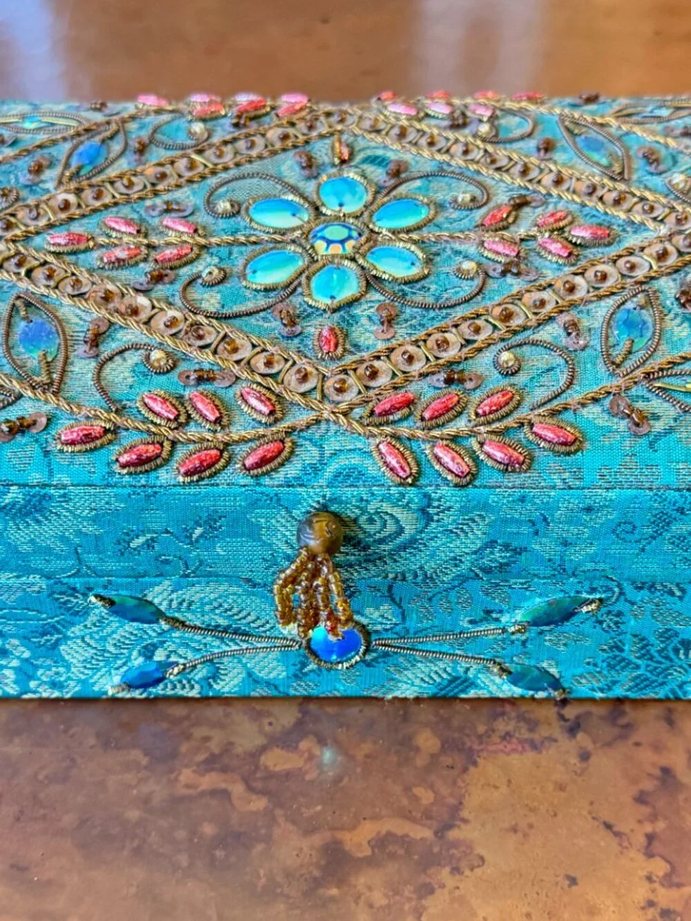 Turquoise Beaded Embroidered Jewelry Box Mirror Trinket Case 7.5 x 5 x 2.5